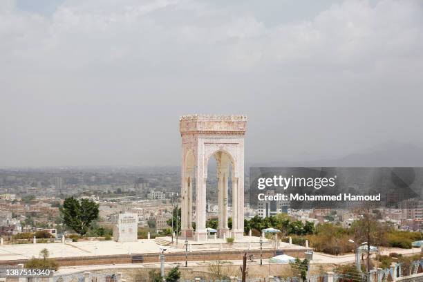 Part of Yemen's capital of Sana'a is seen and the Egyptian statue overlooks the city on March 22, 2022.