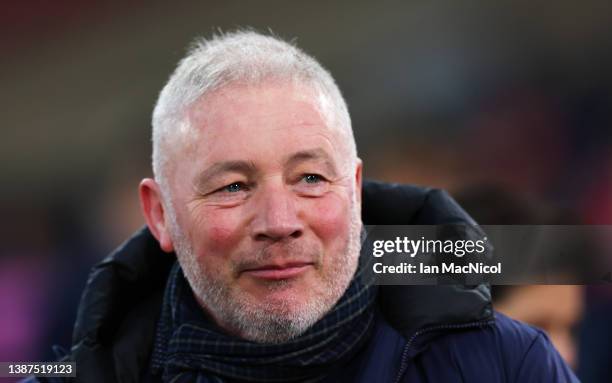 Former Scotland International, Ally McCoist smiles prior to the international friendly match between Scotland and Poland at Hampden Park on March 24,...