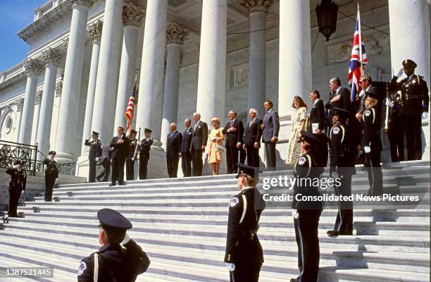 View of, from center left, US House Minority Leader Robert H Michel, Prince Philip, Duke of Edinburgh , Speaker of the House of Representatives Tom...