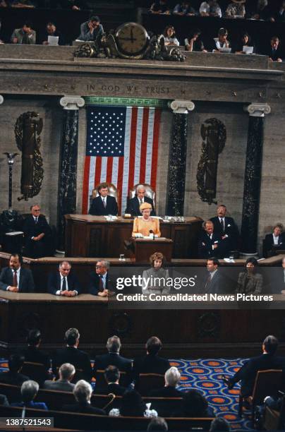 During a State Visit, British monarch Queen Elizabeth II addresses a Joint Session of the Congress in the House Chamber at the US Capitol, Washington...