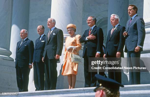 View of, from left, US House Minority Leader Robert H Michel, Prince Philip, Duke of Edinburgh , Speaker of the House of Representatives Tom Foley ,...