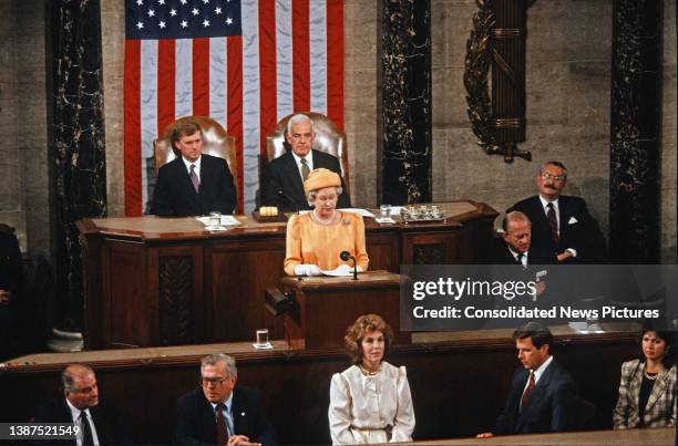 During a State Visit, British monarch Queen Elizabeth II addresses a Joint Session of the Congress in the House Chamber at the US Capitol, Washington...