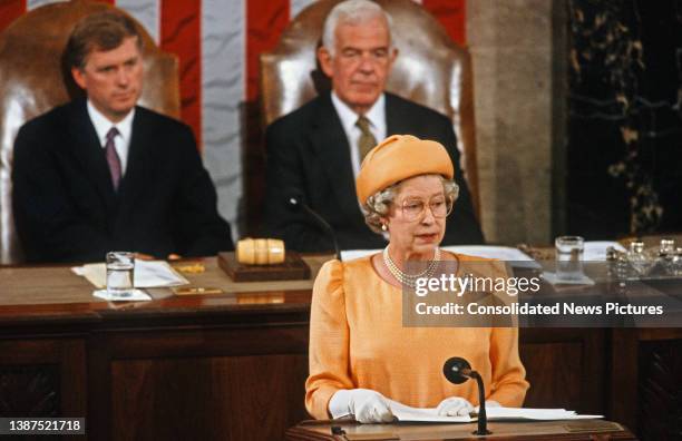 During a State Visit, British monarch Queen Elizabeth II addresses a Joint Session of the Congress in the House Chamber at the US Capitol, Washington...