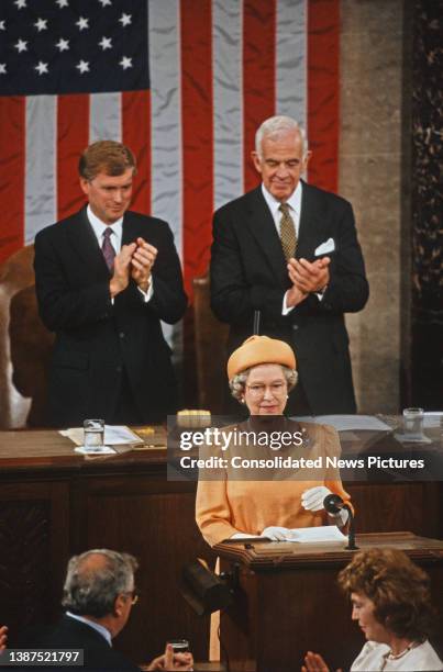 During a State Visit, British monarch Queen Elizabeth II addresses a Joint Session of the Congress in the House Chamber at the US Capitol, Washington...