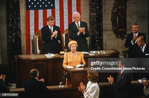 During a State Visit, British monarch Queen Elizabeth II addresses a Joint Session of the Congress in the House Chamber at the US Capitol, Washington...