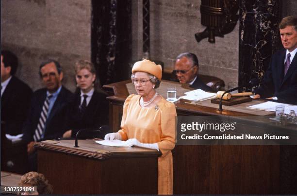During a State Visit, British monarch Queen Elizabeth II addresses a Joint Session of the Congress in the House Chamber at the US Capitol, Washington...