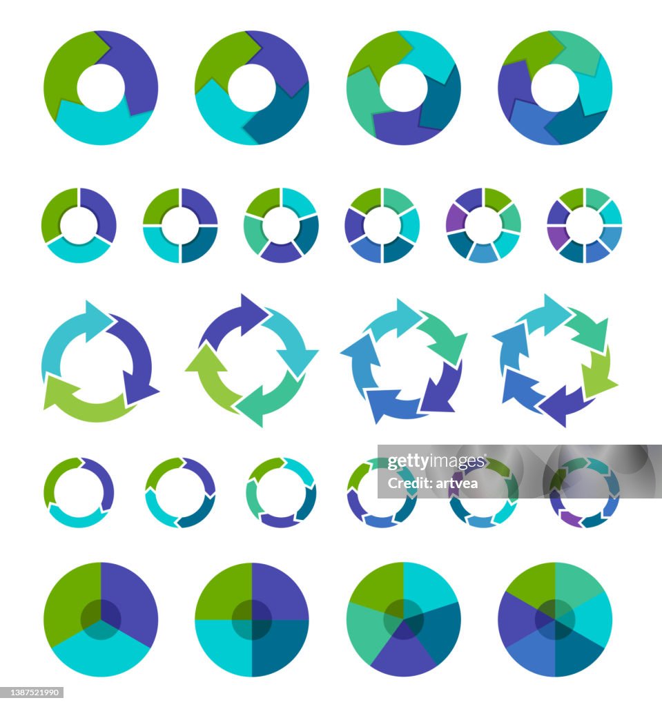 Bunte Tortendiagramm-Sammlung mit 3,4,5,6 und 7,8 Abschnitten oder Schritten