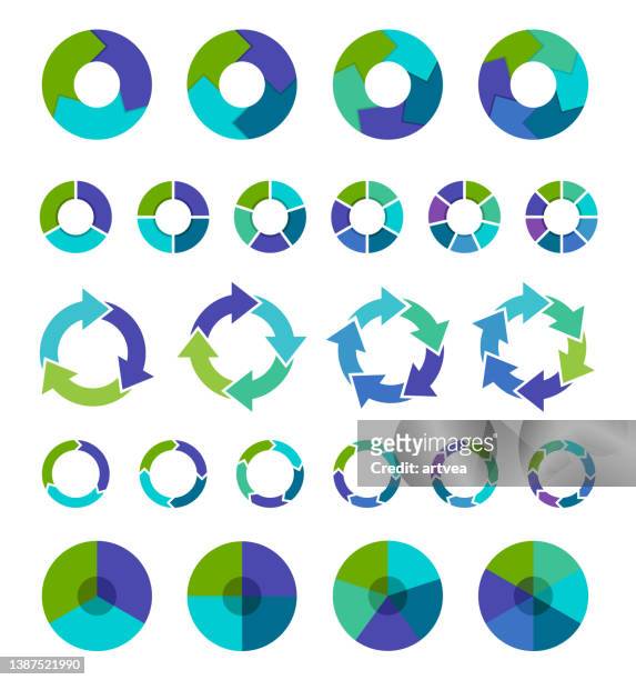 illustrazioni stock, clip art, cartoni animati e icone di tendenza di raccolta di grafici a torta colorati con 3,4,5,6 e 7,8 sezioni o passaggi - circle diagram