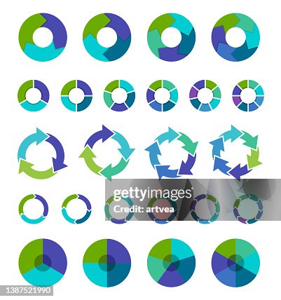Colorful pie chart collection with 3,4,5,6 and 7,8 sections or steps Colorful pie chart collection with 3,4,5,6 and 7,8 sections or steps