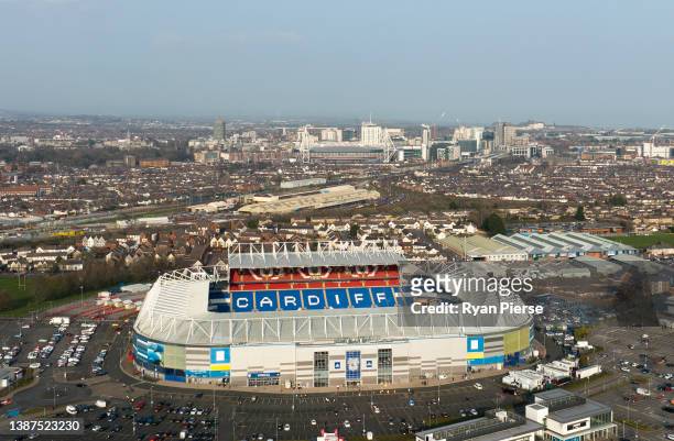 An aerial view of Cardiff City Stadium prior to the 2022 FIFA World Cup Qualifier knockout round play-off match between Wales and Austria at Cardiff...