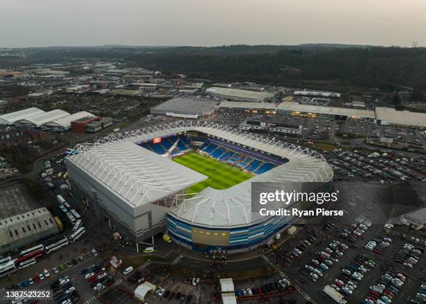 An aerial view of Cardiff City Stadium prior to the 2022 FIFA World Cup Qualifier knockout round play-off match between Wales and Austria at Cardiff...