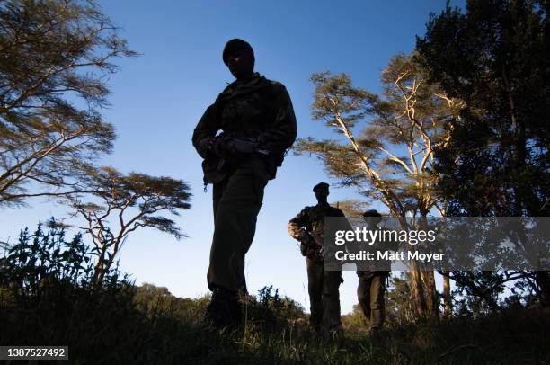 Members of an anti-poaching unit patrol a neighboring sanctuary wildlife park in Lewa Downs, Kenya on June 12, 2005. Based at the Lewa Wildlife...