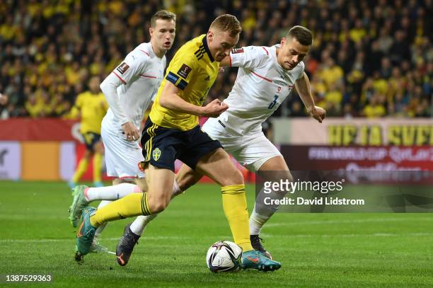 Dejan Kulusevski of Sweden battles for possession with Tomas Holes of Czech Republic during the 2022 FIFA World Cup Qualifier knockout round play-off...