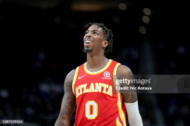 Delon Wright of the Atlanta Hawks looks on against the Detroit Pistons during the fourth quarter at Little Caesars Arena on March 23, 2022 in...