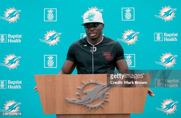 Tyreek Hill speaks with the media after being introduced by the Miami Dolphins at Baptist Health Training Complex on March 24, 2022 in Miami Gardens,...