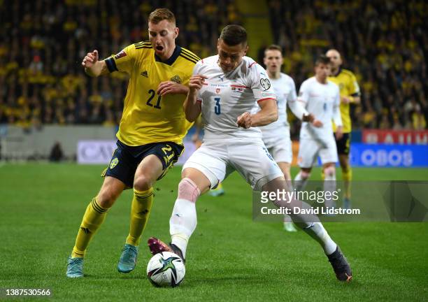 Dejan Kulusevski of Sweden battles for possession with Tomas Holes of Czech Republic during the 2022 FIFA World Cup Qualifier knockout round play-off...