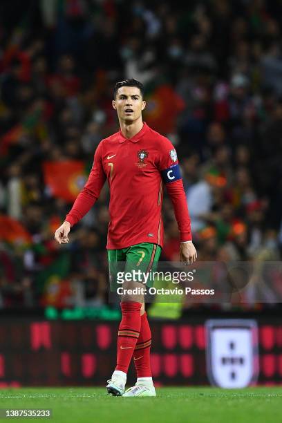 Cristiano Ronaldo of Portugal looks on during the 2022 FIFA World Cup Qualifier knockout round play-off match between Portugal and Turkey at Estadio...