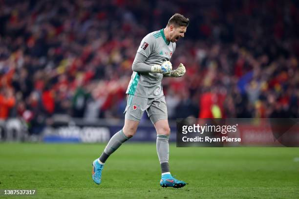 Wayne Hennessey of Wales celebrates after teammate Gareth Bale scored their side's second goal during the 2022 FIFA World Cup Qualifier knockout...