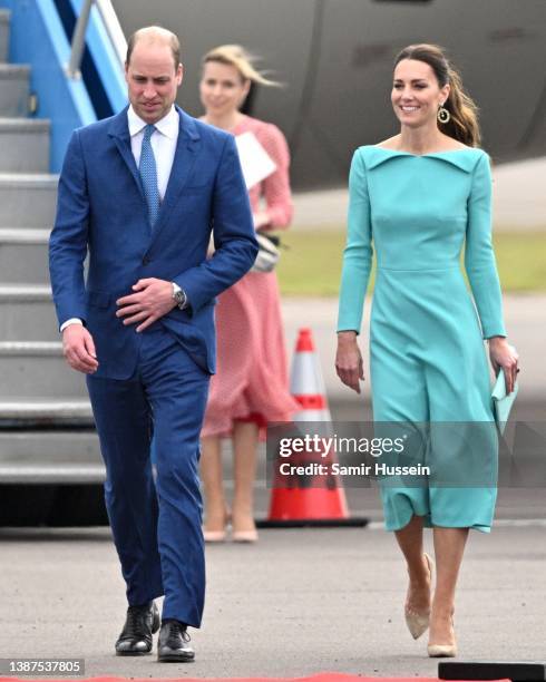 Prince William, Duke of Cambridge and Catherine, Duchess of Cambridge during the official arrival at Lynden Pindling International Airport on March...