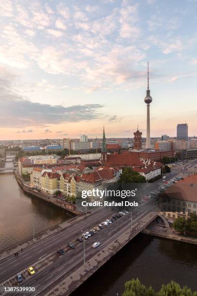 berlin - urban view with spree river and tv tower - television tower berlin stock pictures, royalty-free photos & images