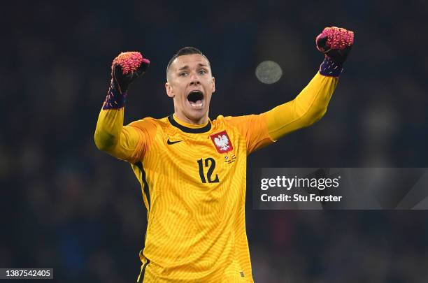 Poland goalkeeper Lukasz Skorupski celebrates the Poland goal during the international friendly match between Scotland and Poland at Hampden Park on...