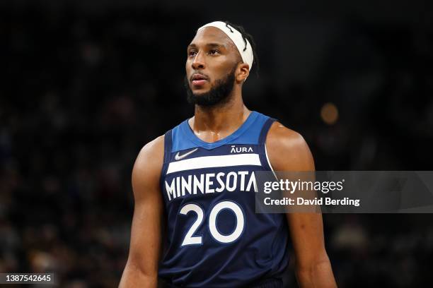 Josh Okogie of the Minnesota Timberwolves looks on against the Portland Trail Blazers in the third quarter of the game at Target Center on March 7,...