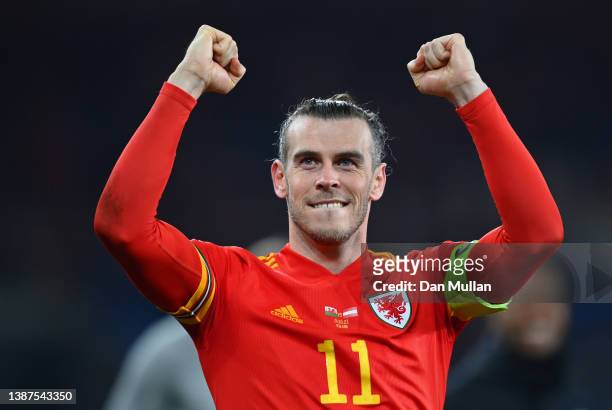Gareth Bale of Wales celebrates following their side's victory in the 2022 FIFA World Cup Qualifier knockout round play-off match between Wales and...