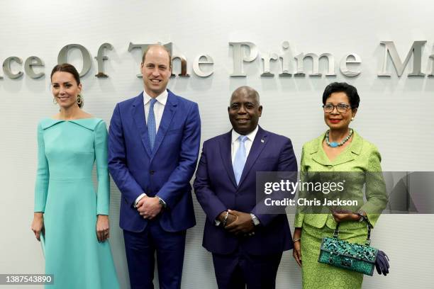 Catherine Duchess of Cambridge and Prince William, Duke of Cambridge pose for a photograph with the Prime Minister of The Bahamas, Philip Davis and...