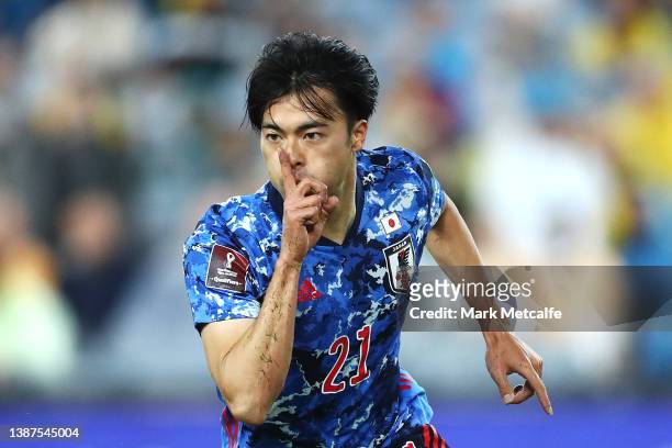 Kaoru Mitoma of Japan celebrates scoring a goal during the FIFA World Cup Qatar 2022 AFC Asian Qualifying match between the Australia Socceroos and...