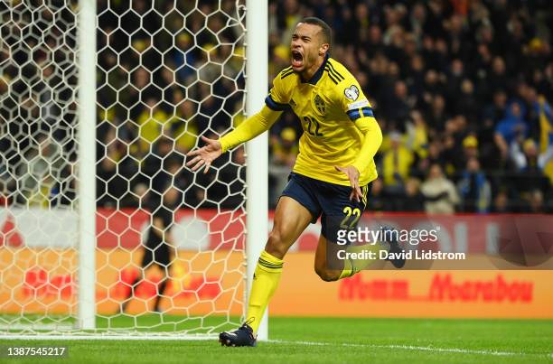 Robin Quaison of Sweden celebrates after scoring their side's first goal during the 2022 FIFA World Cup Qualifier knockout round play-off match...
