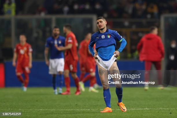 Marco Verratti of Italy reacts following the 1-0 defeat and elimination from the tournament after the 2022 FIFA World Cup Qualifier knockout round...