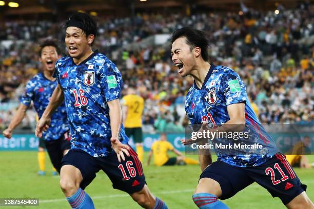 Kaoru Mitoma of Japan celebrates scoring a goal during the FIFA World Cup Qatar 2022 AFC Asian Qualifying match between the Australia Socceroos and...