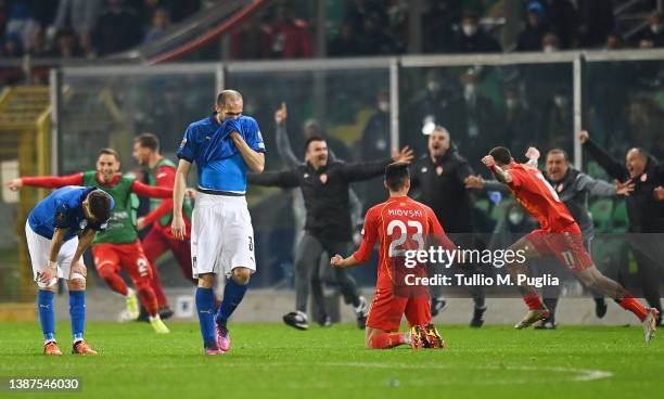 Giorgio Chiellini of Italy looks dejected after defeat in the 2022 FIFA World Cup Qualifier knockout round play-off match between Italy and North...
