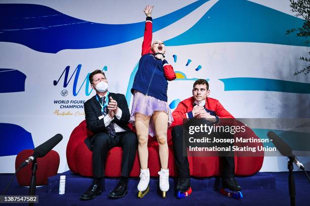 Alexa Knierim and Brandon Frazier of the United States react at the kiss and cry in the Pairs Free Skating during day 2 of the ISU World Figure...