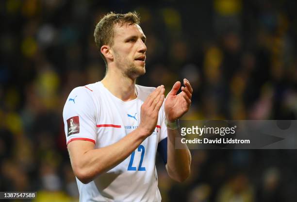 Tomas Soucek of Czech Republic applauds the fans after the 2022 FIFA World Cup Qualifier knockout round play-off match between Sweden and Czech...