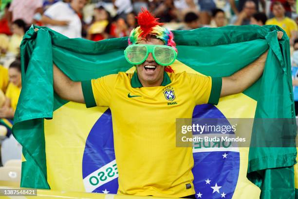 Fan of Brazil gestures wearing large green glasses and holding a flag prior to a match between Brazil and Chile as part of FIFA World Cup Qatar 2022...