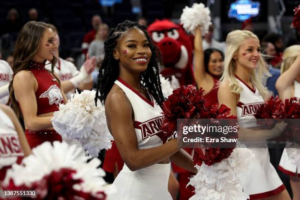 The Arkansas Razorbacks cheerleaders perform against the Gonzaga Bulldogs prior to the Sweet Sixteen round game of the 2022 NCAA Men's Basketball...