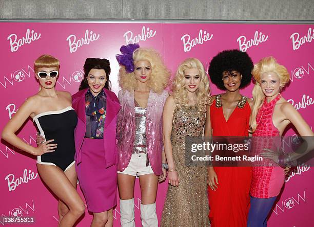 General view of models dressed as Barbie during the Barbie: The Dream Closet event during Mercedes-Benz Fashion Week at David Rubenstein Atrium on...