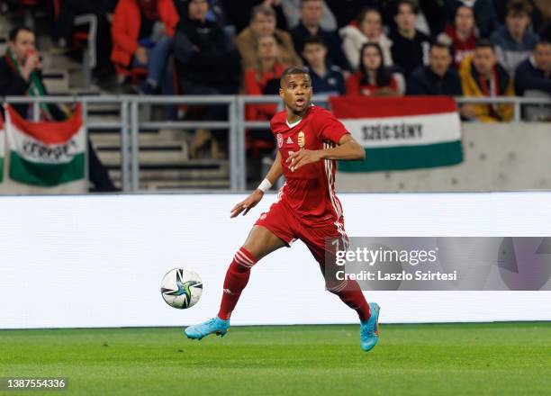 Loic Nego of Hungary controls the ball during the international friendly match between Hungary and Serbia at Puskas Arena on March 24, 2022 in...