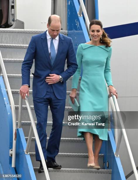 Prince William, Duke of Cambridge and Catherine, Duchess of Cambridge during the official arrival at Lynden Pindling International Airport on March...