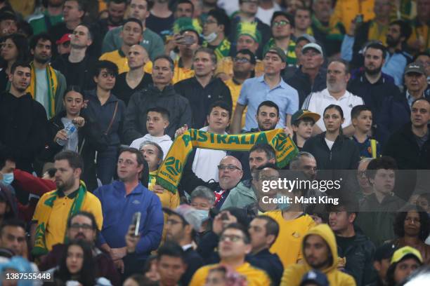 The crowd look on during the national anthems during the FIFA World Cup Qatar 2022 AFC Asian Qualifying match between the Australia Socceroos and...