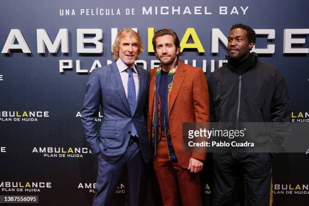 Director Michael Bay, actor Jake Gyllenhaal and actor Yahya Abdul-Mateen II attend the "AMBULANCE" Spain Fan Screening And Presentation at Callao...