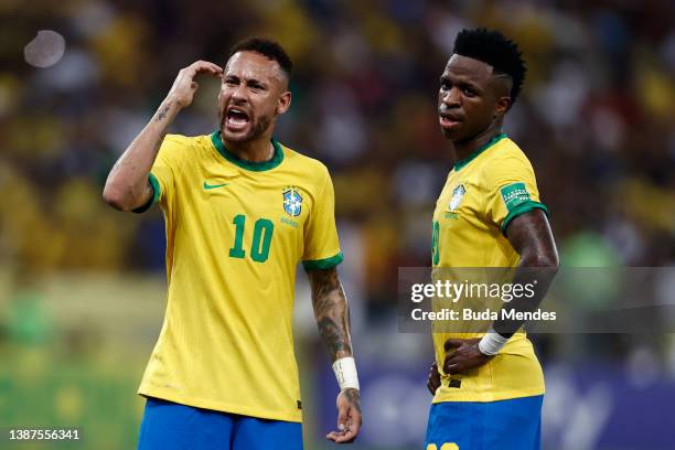 Neymar Jr. Of Brazil reacts next to teammate Vinícius Júnior of Brazil during a match between Brazil and Chile as part of FIFA World Cup Qatar 2022...