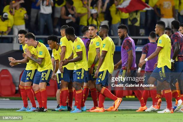 Luis Diaz of Colombia celebrates with teammates after scoring the first goal of his team during a match between Colombia and Bolivia as part of FIFA...