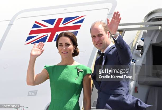 Prince William, Duke of Cambridge and Catherine, Duchess of Cambridge depart from Norman Manley International Airport as part of the Royal tour of...