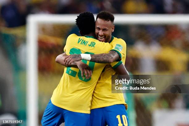 Neymar Jr. Of Brazil celebrates after scoring the first goal of his team with teammate Vinícius Júnior of Brazil during a match between Brazil and...