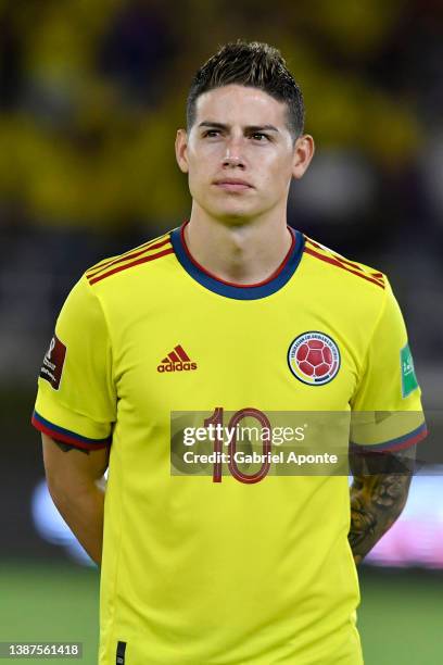 James Rodriguez of Colombia looks on before a match between Colombia and Bolivia as part of FIFA World Cup Qatar 2022 Qualifier on March 24, 2022 in...