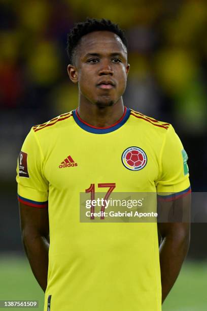 Luis Sinisterra of Colombia looks on before a match between Colombia and Bolivia as part of FIFA World Cup Qatar 2022 Qualifier on March 24, 2022 in...