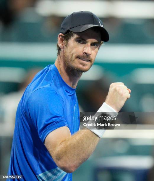 Andy Murray of the United Kingdom reacts to winning the match against Federico Delbonis of Argentina during the 2022 Miami Open presented by Itaú at...