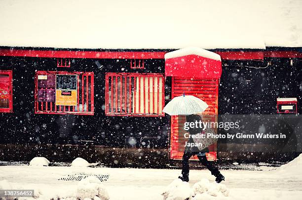 man walking in snow - 青森県 ストックフォトと画像